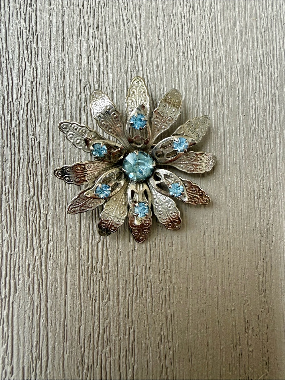 Vintage 1950s Blue Rhinestone Filigree Flower Brooch Silver Tone 2”